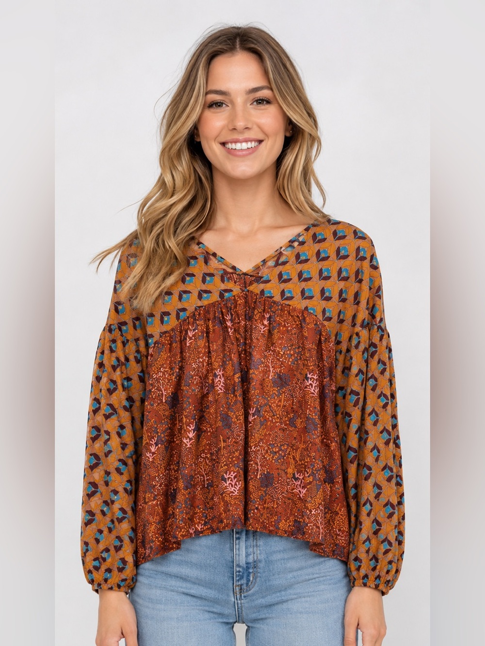 Bucket List Boho Floral Patchwork Peasant Blouse